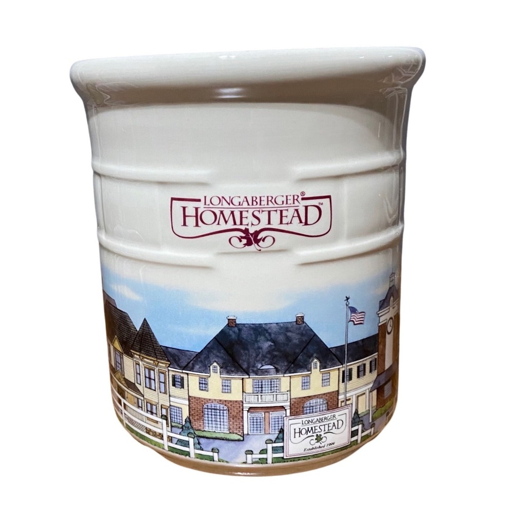 Longaberger Homestead Pottery Crock Utensil Holder Ivory Basketweave Made in USA